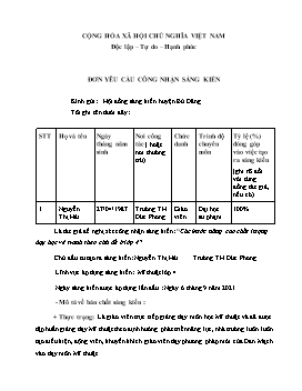 Đơn công nhận Sáng kiến Các bước nâng cao chất lượng dạy học vẽ tranh theo chủ đề ở Lớp 4