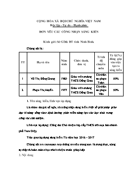 Đơn công nhận Sáng kiến Một số giải pháp giáo dục kĩ năng sống theo định hướng phát triển năng lực cho học sinh trong công tác chủ nhiệm