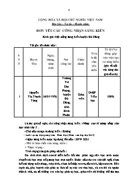 Đơn công nhận Sáng kiến Nâng cao kĩ năng sống cho học sinh Lớp 2