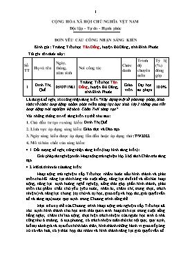 Đơn công nhận Sáng kiến Xây dựng một số phương pháp, hình thức tổ chức hoạt động nhằm phát triển năng lực học sinh Lớp 2 thông qua tiết hoạt động trải nghiệm bộ sách Chân Trời sáng tạo